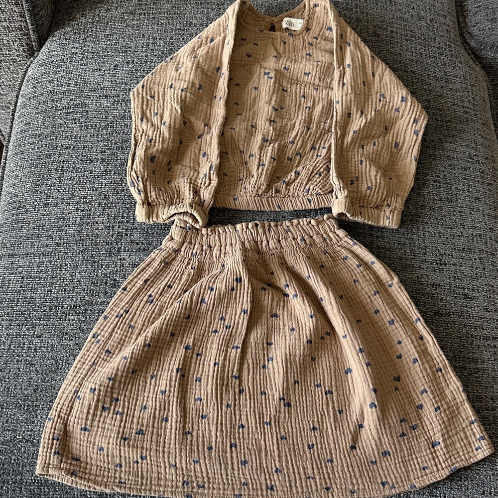 Zara Beige Textured Top & Skirt Set with Navy Dot Detail